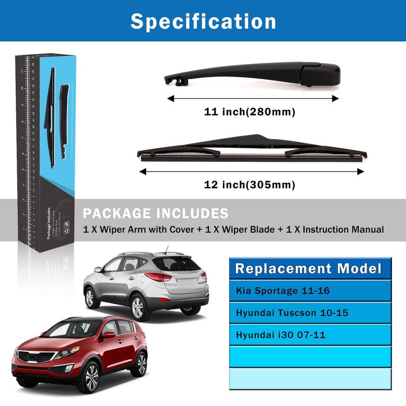 WTI Rear Wiper Arm Blade Set Compatible With Kia Sportage 2011-2016 / Compatible With Hyundai Tucson ix35 2010-2015 SUV Rear Windshield Window Wiper Kits Assembly New Replacement Accessories Parts - Image 5